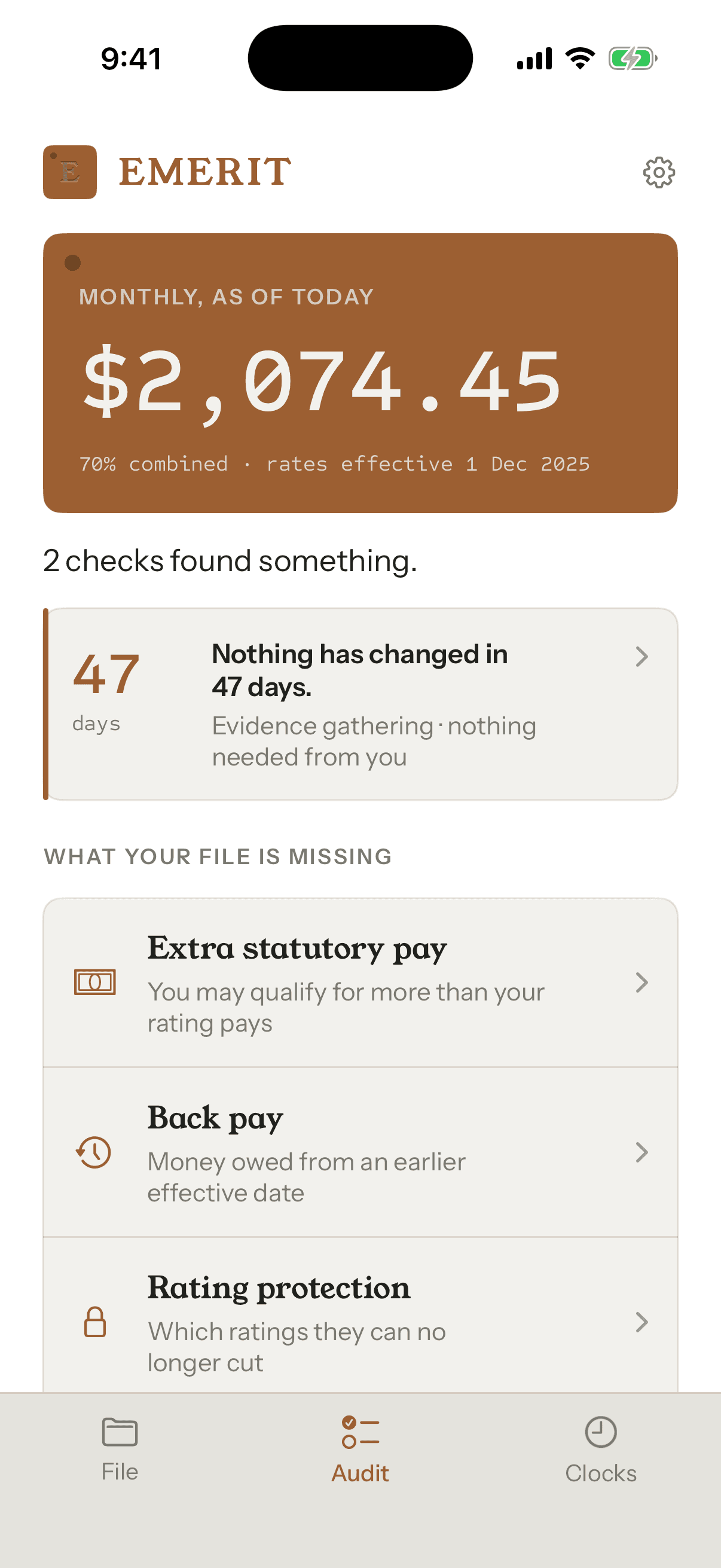 Emerit's audit screen: a combined 70% rating paying $2,074.45 a month, above two completed checks that each found something.